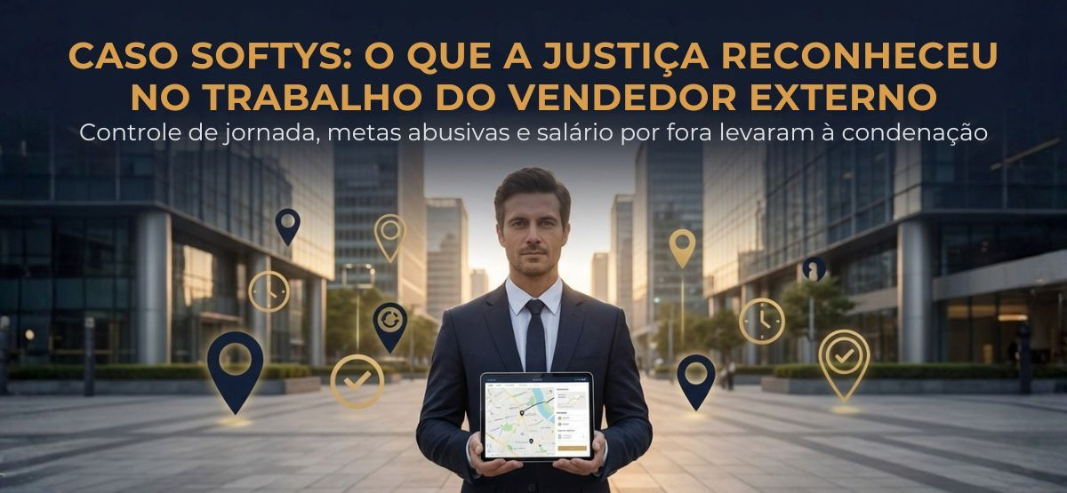 Caso Softys: vendedor externo segurando tablet com GPS e ícones de controle de jornada, representando a decisão judicial sobre horas extras, comissões e salário por fora