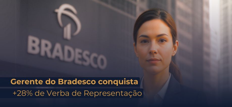 Imagem de uma gerente bancária em frente ao prédio do Bradesco, representando decisão judicial que garantiu adicional de 28,44% no salário por verba de representação. A Justiça reconheceu discriminação salarial sem critérios objetivos.